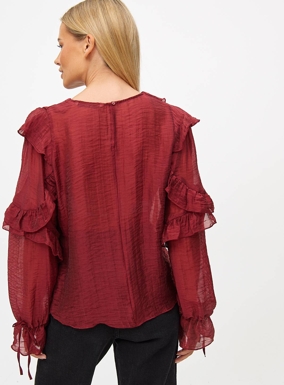 Berry Red Semi-Sheer Ruffle Blouse 24 - Image 4